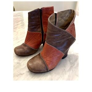 Fly Girl Colorblock Leather Ankle Boots EU 37 Brown Rust Stacked Heel Zip Boho